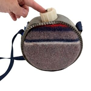 Vintage Aluminum Round Canteen with Wool Blanket Cover Blue Nylon Strap Decor‎